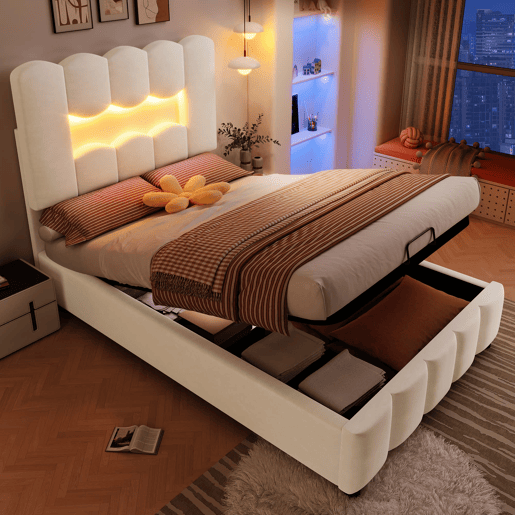 Cama estofada 90x200 cm - Sem colchão, iluminação LED, cabeceira ajustável, bege