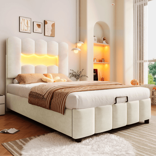 Cama estofada 90x200 cm - Sem colchão, iluminação LED, cabeceira ajustável, bege