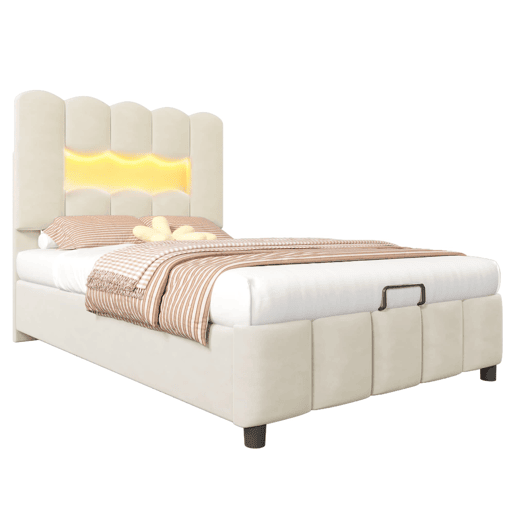 Cama estofada 90x200 cm - Sem colchão, iluminação LED, cabeceira ajustável, bege