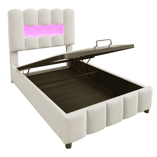 Cama estofada 90x200 cm - Sem colchão, iluminação LED, cabeceira ajustável, bege