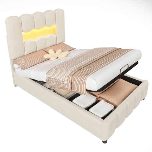 Cama estofada 90x200 cm - Sem colchão, iluminação LED, cabeceira ajustável, bege