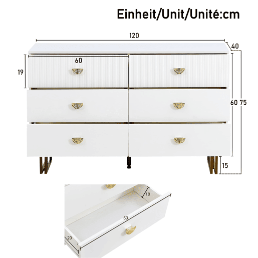 Aparador moderno 120x40x75 cm - 6 gavetas, design elegante, MDF e aço, branco e detalhes dourados