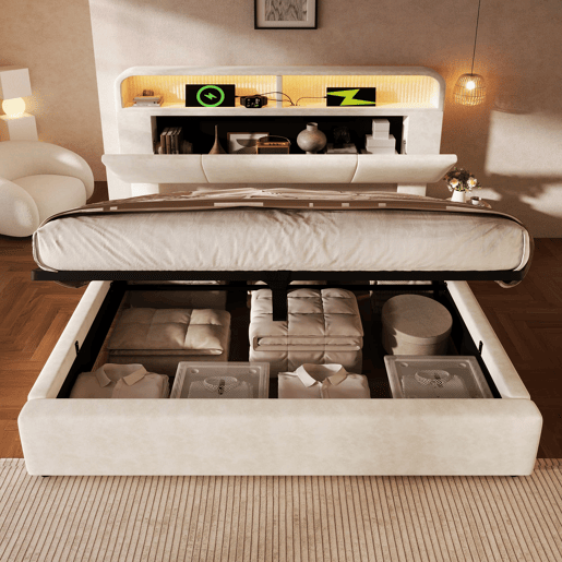 Cama estofada 140x190 cm - Cabeceira ajustável com arrumação, LED, USB, Samt, Bege