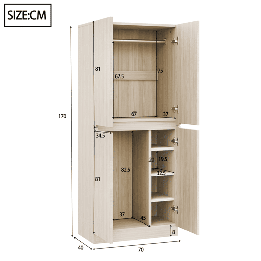 Armário roupeiro 70x40x170 cm - Porta dupla com pequeno compartimento - Cor madeira