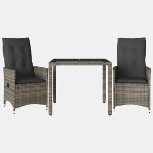 3 pcs conjunto bistrô - cadeiras de jardim - Cadeiras de exterior com almofadões vime PE cinza