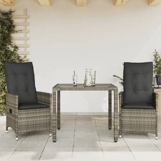 3 pcs conjunto bistrô - cadeiras de jardim - Cadeiras de exterior com almofadões vime PE cinza 3 pcs conjunto bistrô - cadeiras de jardim - Cadeiras de exterior com almofadões vime PE cinza