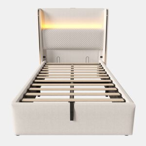 Cama hidráulica individual 90x200 cm - Cabeceira alta, arrumação, LED, portas USBType-C - Bege