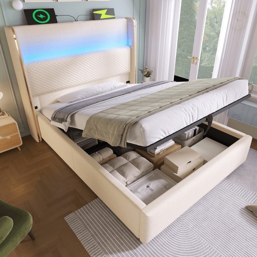Cama hidráulica individual 90x200 cm - Cabeceira alta, arrumação, LED, portas USBType-C - Bege