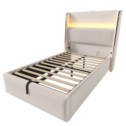 Cama hidráulica individual 90x200 cm - Cabeceira alta, arrumação, LED, portas USBType-C - Bege
