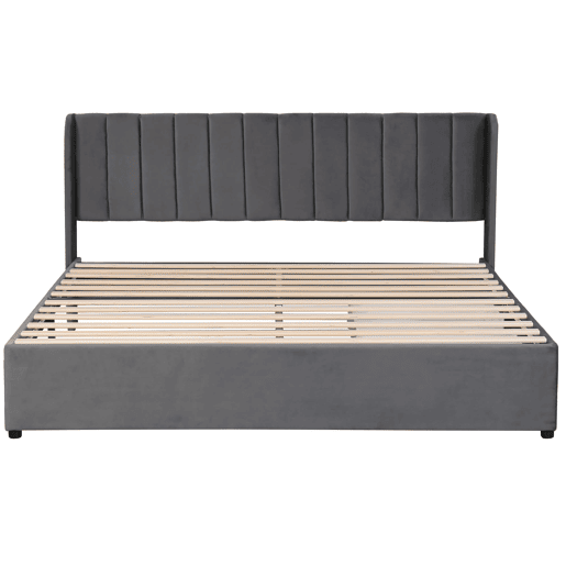 Cama estofada 180x200 cm - Com estrado, encosto e 2 gavetas - Cinza Cama estofada 180x200 cm - Com estrado, encosto e 2 gavetas - Cinza