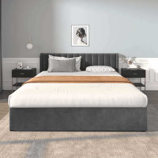 Cama estofada 180x200 cm - Com estrado, encosto e 2 gavetas - Cinza Cama estofada 180x200 cm - Com estrado, encosto e 2 gavetas - Cinza