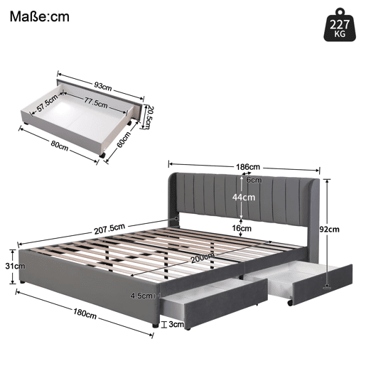 Cama estofada 180x200 cm - Com estrado, encosto e 2 gavetas - Cinza Cama estofada 180x200 cm - Com estrado, encosto e 2 gavetas - Cinza