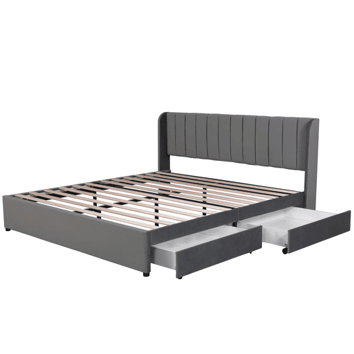 Cama estofada 180x200 cm - Com estrado, encosto e 2 gavetas - Cinza Cama estofada 180x200 cm - Com estrado, encosto e 2 gavetas - Cinza