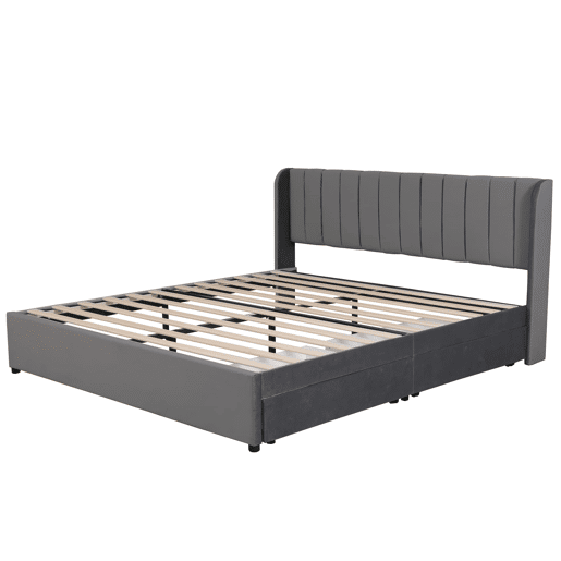 Cama estofada 180x200 cm - Com estrado, encosto e 2 gavetas - Cinza Cama estofada 180x200 cm - Com estrado, encosto e 2 gavetas - Cinza