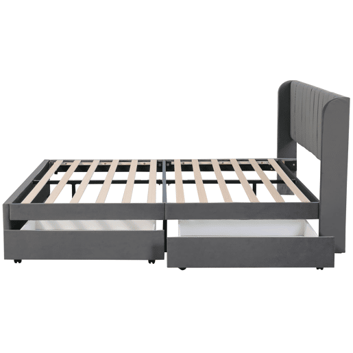 Cama estofada 180x200 cm - Com estrado, encosto e 2 gavetas - Cinza Cama estofada 180x200 cm - Com estrado, encosto e 2 gavetas - Cinza