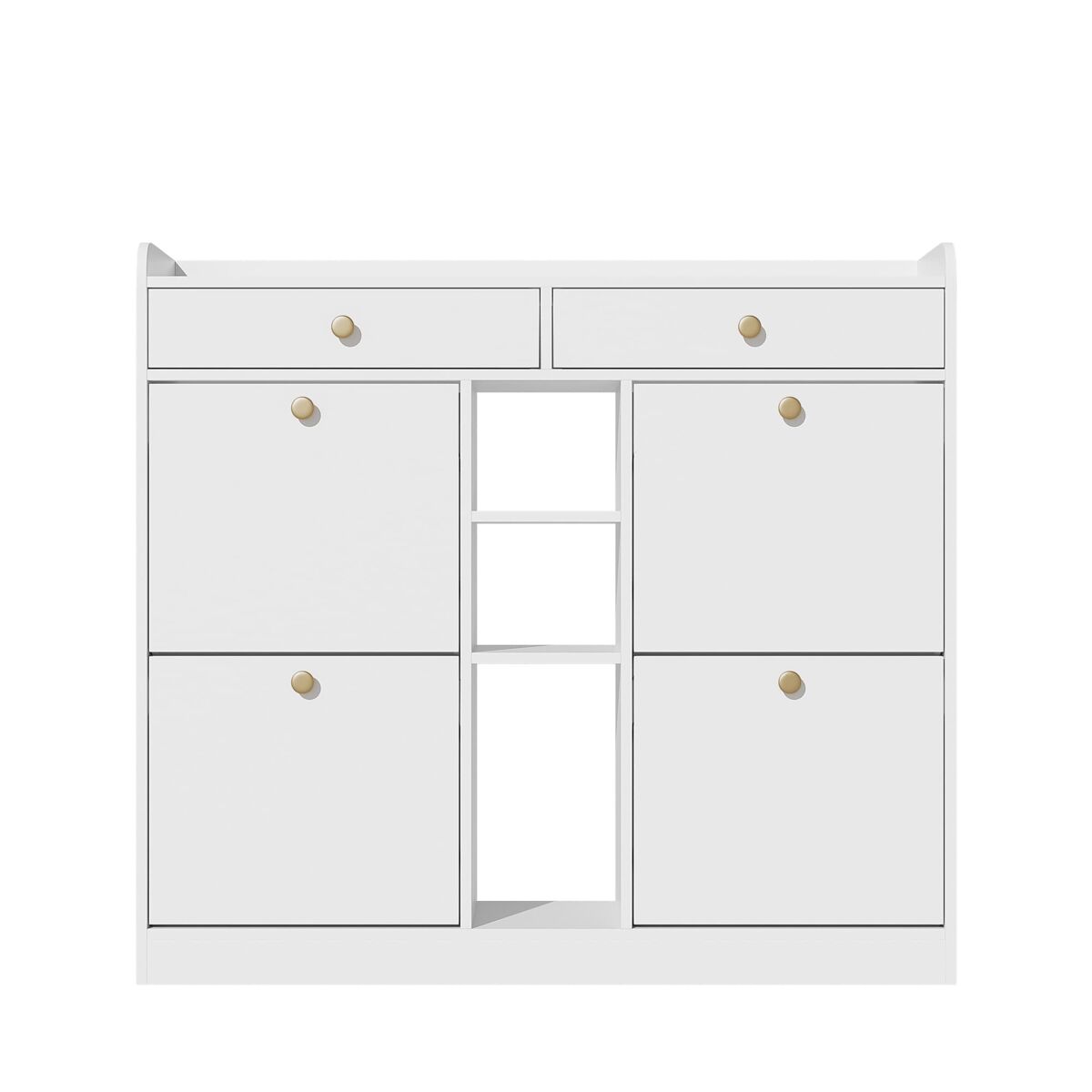 Armario zapatero blanco 110x26x100 cm - 4 puertas, 2 cajones, 3 compartimentos abiertos