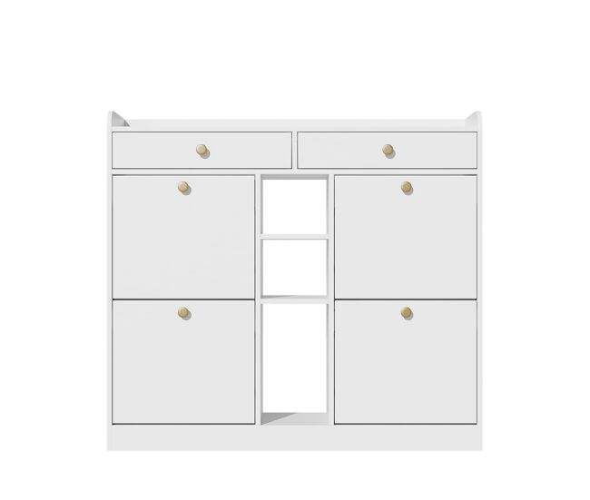 Armario zapatero blanco 110x26x100 cm - 4 puertas, 2 cajones, 3 compartimentos abiertos