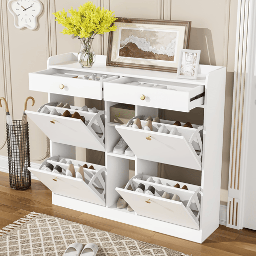 Armário para sapatos branco 110x26x100 cm - 4 portas, 2 gavetas, 3 compartimentos abertos