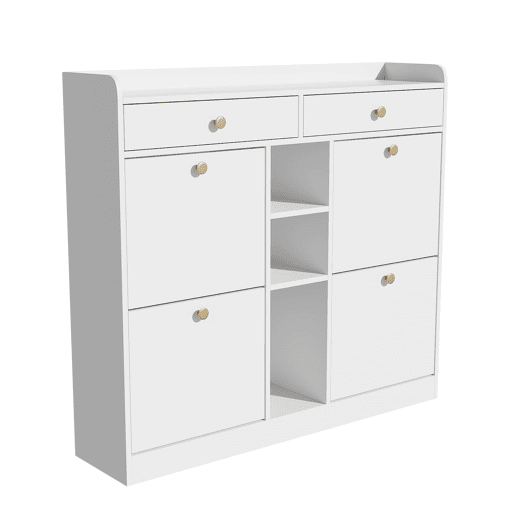 Armário para sapatos branco 110x26x100 cm - 4 portas, 2 gavetas, 3 compartimentos abertos