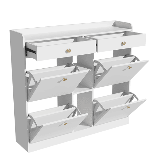 Armário para sapatos branco 110x26x100 cm - 4 portas, 2 gavetas, 3 compartimentos abertos