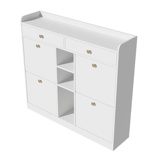 Armário para sapatos branco 110x26x100 cm - 4 portas, 2 gavetas, 3 compartimentos abertos