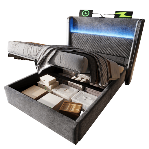 Cama hidráulica 90x200 cm - Com iluminação LED, armazenamento, portas USBType-C - Cinza