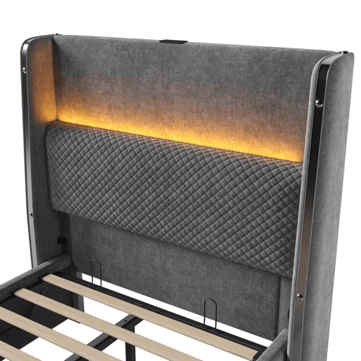 Cama hidráulica 90x200 cm - Com iluminação LED, armazenamento, portas USBType-C - Cinza