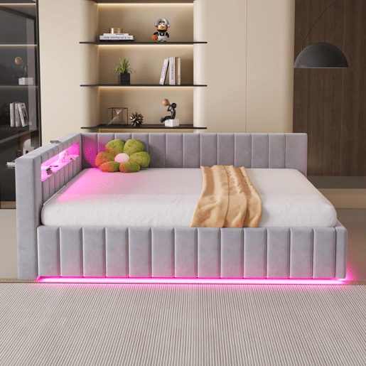 Sofá-cama 140x200 - Com armazenamento hidráulico, luz LED, porta USB, encosto, cabeceira, estrutura estável - Cinza claro