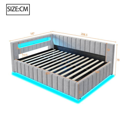 Sofá-cama 140x200 - Com armazenamento hidráulico, luz LED, porta USB, encosto, cabeceira, estrutura estável - Cinza claro