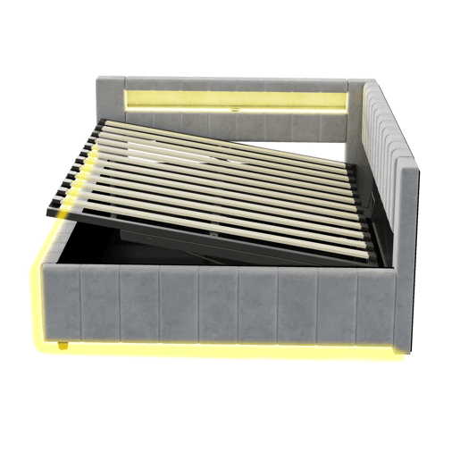 Sofá-cama 140x200 - Com armazenamento hidráulico, luz LED, porta USB, encosto, cabeceira, estrutura estável - Cinza claro