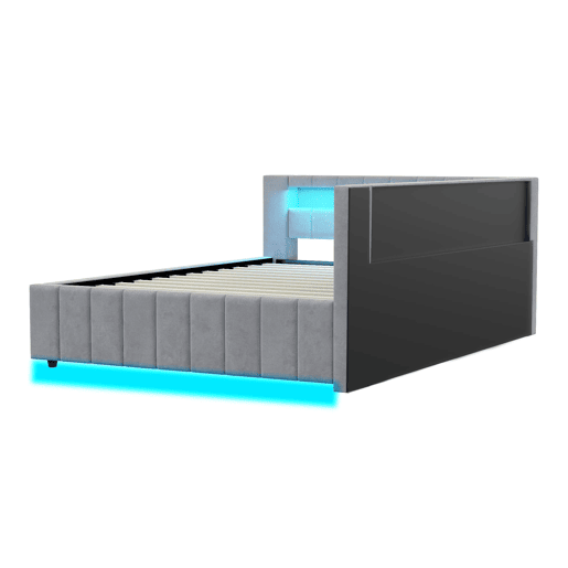 Sofá-cama 140x200 - Com armazenamento hidráulico, luz LED, porta USB, encosto, cabeceira, estrutura estável - Cinza claro
