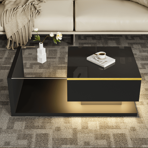 Mesa de centro 90 cm - Com vidro e efeito LED - Preto Mesa de centro 90 cm - Com vidro e efeito LED - Preto