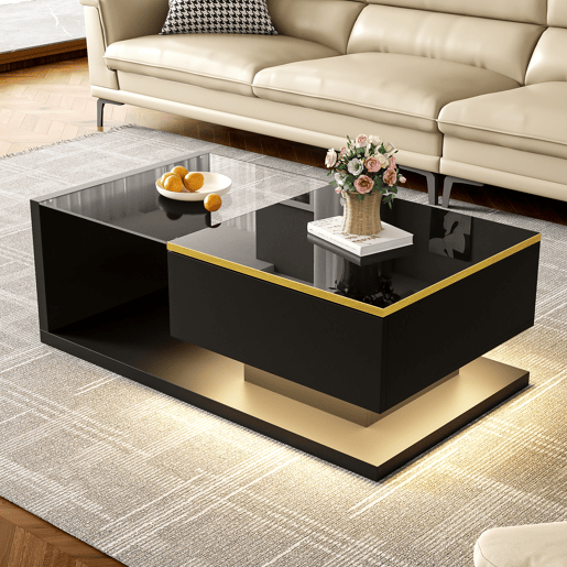 Mesa de centro 90 cm - Com vidro e efeito LED - Preto Mesa de centro 90 cm - Com vidro e efeito LED - Preto