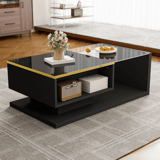 Mesa de centro 90 cm - Com vidro e efeito LED - Preto Mesa de centro 90 cm - Com vidro e efeito LED - Preto