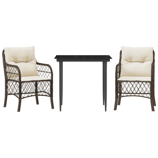 3 pcs conjunto bistrô - cadeiras de jardim - Cadeiras de exterior com almofadões vime PE castanho 3 pcs conjunto bistrô - cadeiras de jardim - Cadeiras de exterior com almofadões vime PE castanho