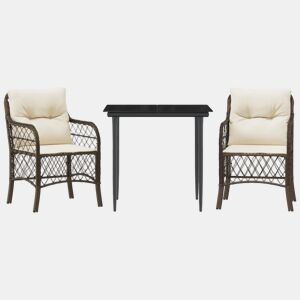3 pcs conjunto bistrô - cadeiras de jardim - Cadeiras de exterior com almofadões vime PE castanho