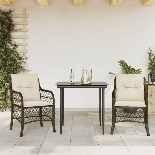 3 pcs conjunto bistrô - cadeiras de jardim - Cadeiras de exterior com almofadões vime PE castanho 3 pcs conjunto bistrô - cadeiras de jardim - Cadeiras de exterior com almofadões vime PE castanho