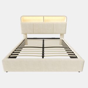 Cama estofada 140x200 cm - Cabeceira ajustável com arrumação, iluminação LED, USB, Samt Beige