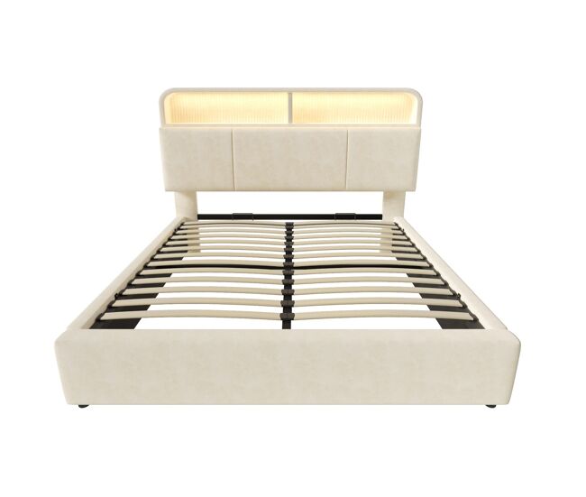 Cama tapizada 140x200 cm - cabecero ajustable con almacenamiento, iluminación led, usb, samt beige