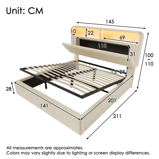 Cama estofada 140x200 cm - Cabeceira ajustável com arrumação, iluminação LED, USB, Samt Beige