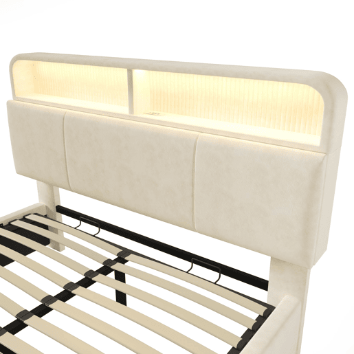 Cama estofada 140x200 cm - Cabeceira ajustável com arrumação, iluminação LED, USB, Samt Beige