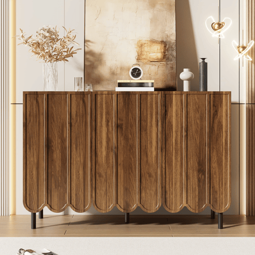 Aparador moderno de madeira 120x35x80 cm - Portas onduladas, prateleiras ajustáveis - Nogueira
