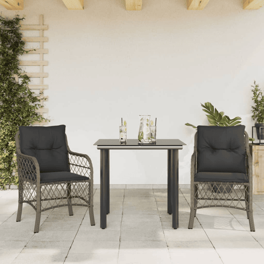 3 pcs conjunto bistrô - cadeiras de jardim - Cadeiras de exterior com almofadões vime PE cinza