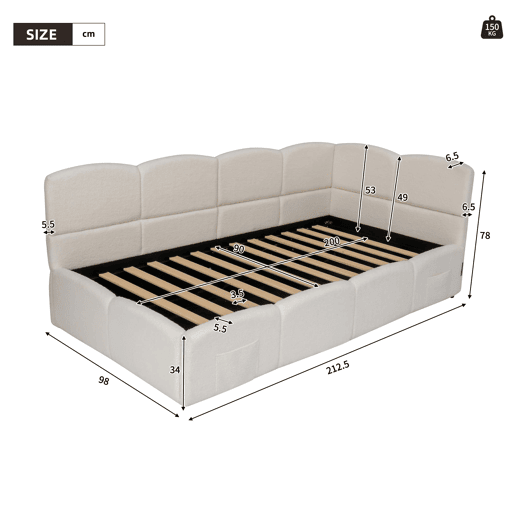 Cama estofada 90x200 cm - com estrado de ripas, sofá-cama, USB, bolsa de armazenamento, bege