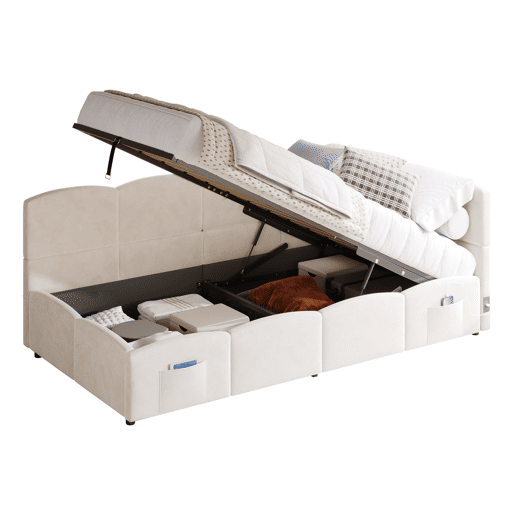Cama estofada 90x200 cm - com estrado de ripas, sofá-cama, USB, bolsa de armazenamento, bege