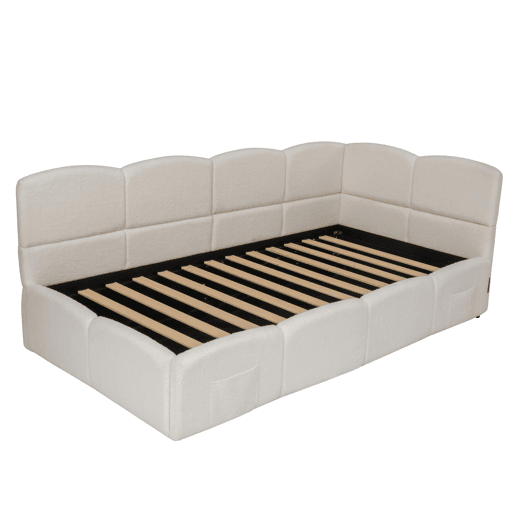 Cama estofada 90x200 cm - com estrado de ripas, sofá-cama, USB, bolsa de armazenamento, bege