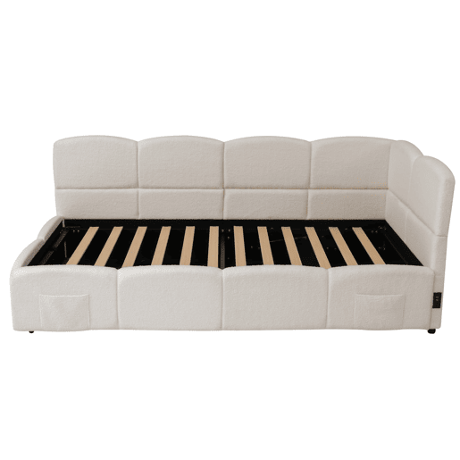 Cama estofada 90x200 cm - com estrado de ripas, sofá-cama, USB, bolsa de armazenamento, bege
