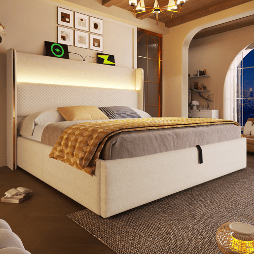 Cama hidráulica 160x200 cm - Com cabeceira ajustável, iluminação LED, arrumação e portas USBType-C - Bege Cama hidráulica 160x200 cm - Com cabeceira ajustável, iluminação LED, arrumação e portas USBType-C - Bege