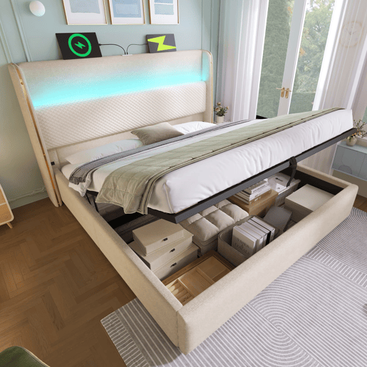 Cama hidráulica 160x200 cm - Com cabeceira ajustável, iluminação LED, arrumação e portas USBType-C - Bege Cama hidráulica 160x200 cm - Com cabeceira ajustável, iluminação LED, arrumação e portas USBType-C - Bege