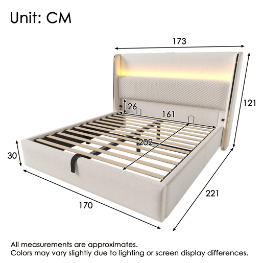 Cama hidráulica 160x200 cm - Com cabeceira ajustável, iluminação LED, arrumação e portas USBType-C - Bege Cama hidráulica 160x200 cm - Com cabeceira ajustável, iluminação LED, arrumação e portas USBType-C - Bege